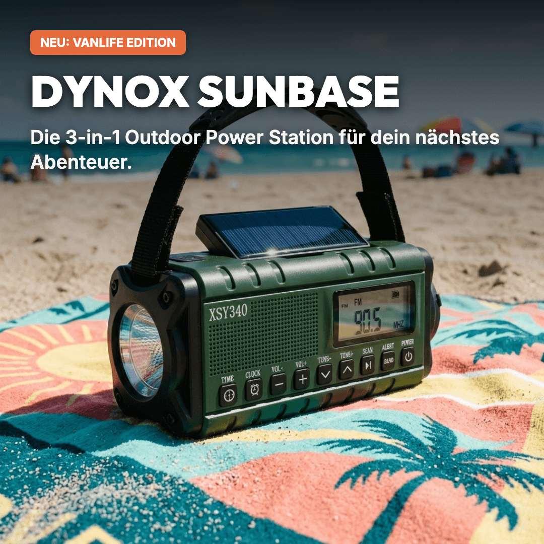 Dynox Sunbase 3-in-1 Solar Powerbank für Outdoor – Notfallradio, LED-Lampe und Powerbank in einem kompakten Gerät