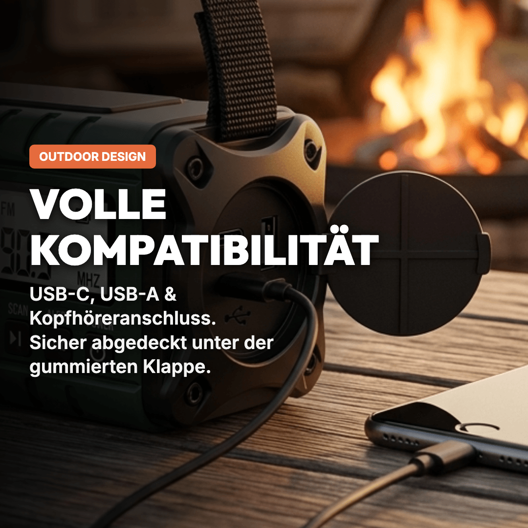 Dynox Sunbase Anschlüsse – USB-C, USB-A und Kopfhöreranschluss mit gummierter Schutzkappe für Outdoor-Einsatz